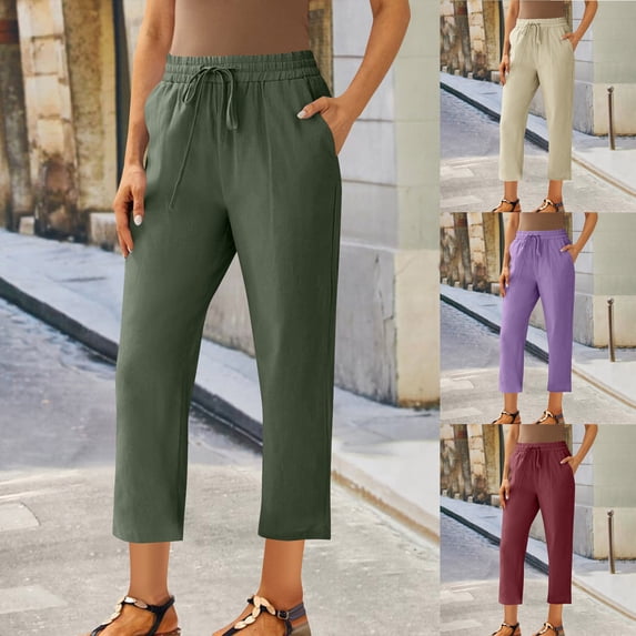 ZyeKqe Plus Size Cotton Linen Capri Pants for Women Drawstring High Waisted Summer Cropped Trousers