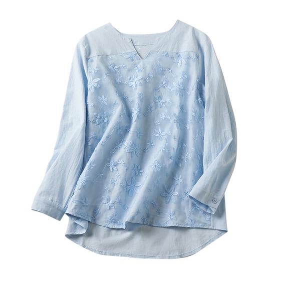 ZyeKqe Plus Size Cotton Linen Tops for Women Dressy Long Sleeve Shirts Casual V Neck Embroidery Blouses
