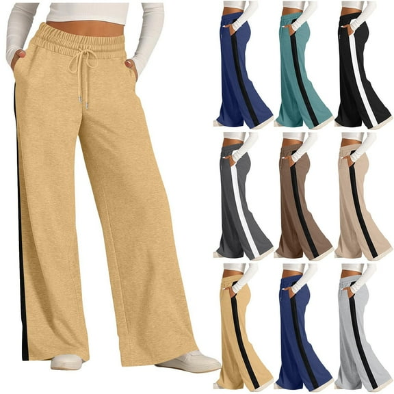 ZyeKqe Wide Leg Sweatpants for Women Casual Drawstring Striped Baggy Comfy Fall Fashion Elastic Waisted Athletic Pants