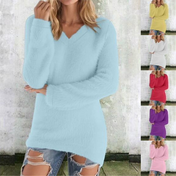 ZyeKqe Womens Sweaters Long Sleeve Fuzzy Fleece Thermal Soft Pullover Shirts Casual V Neck Warm Soft Tunic Tops