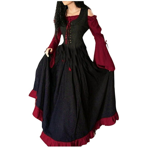 ZyeKqe Plus Size Gothic Dress for Women off Shoulder Ruffle Long Sleeve Dress Lace up Full Length Vintage Maxi Dress