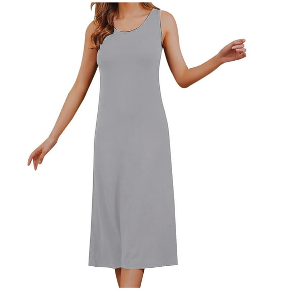 ZyeKqe Plus Size Pajamas Dresses for Women Built in Bra Sleeveless V Neck Long Sleep Dress Solid Color Tank Dresses