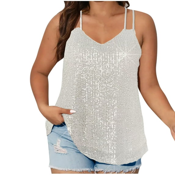 ZyeKqe Plus Size Sequin Tank Tops for Women Spaghetti Strap Sleeveless Shirts Sparkly Glitter Casual Flowy Party Top