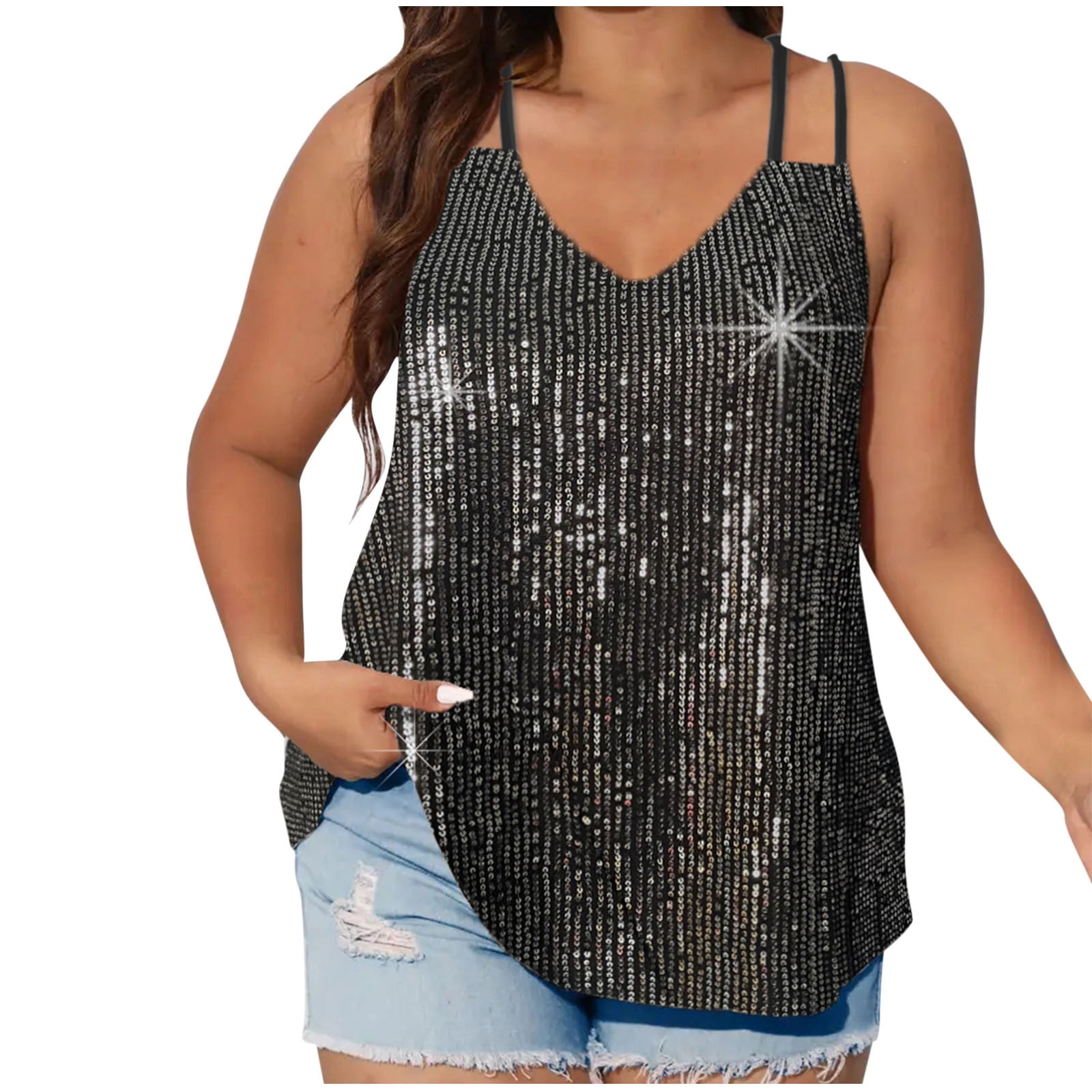 ZyeKqe Plus Size Sequin Tank Tops for Women Spaghetti Strap Sleeveless