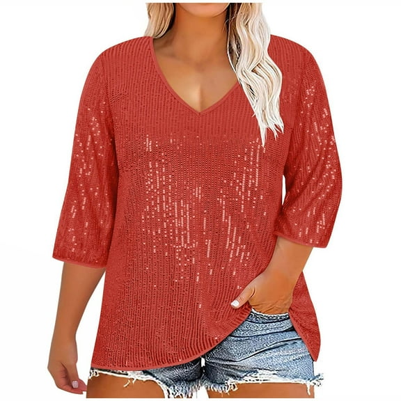 ZyeKqe Plus Size Sequin Tops for Women 3/4 Length Sleeve Top Casual V Neck Blouses Sparkly Glitter Loose Fitted Top