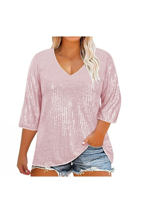 Plus Size Sequin Tops for Women 3/4 Length Sleeve Top Casual V Neck Blouses Sparkly Glitter Loose Fitted Top