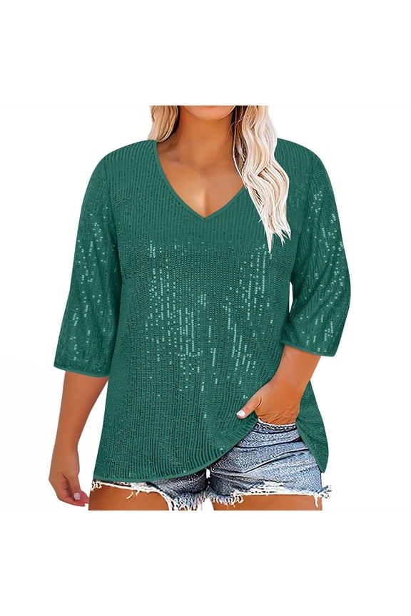 Plus Size Sequin Tops for Women 3/4 Length Sleeve Top Casual V Neck Blouses Sparkly Glitter Loose Fitted Top