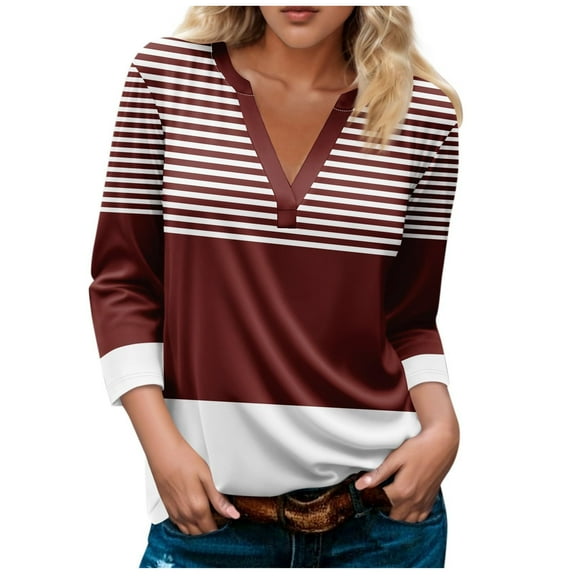 ZyeKqe Plus Size Shirts for Women 3/4 Length Sleeve Tops Casual V Neck Fall Top Striped Loose Fitting Tees Blouses