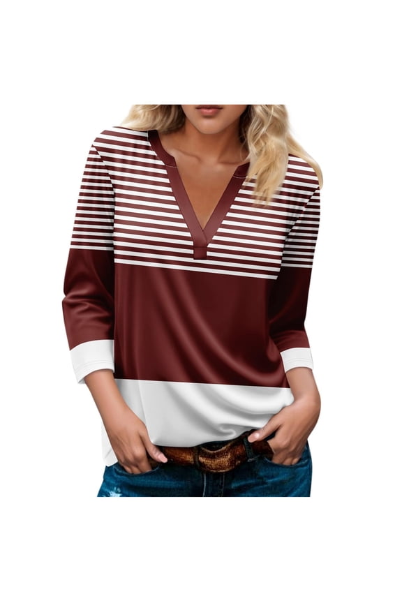 Plus Size Shirts for Women 3/4 Length Sleeve Tops Casual V Neck Fall Top Striped Loose Fitting Tees Blouses