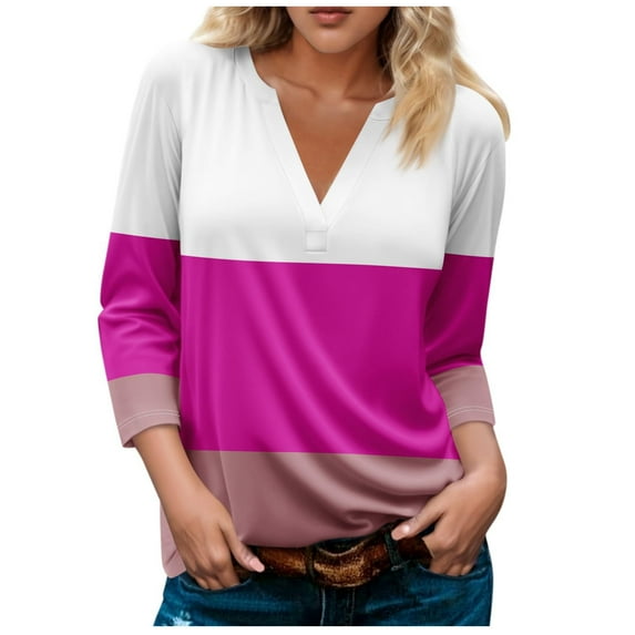 ZyeKqe Plus Size Shirts for Women 3/4 Length Sleeve Tops Casual V Neck Fall Top Striped Loose Fitting Tees Blouses