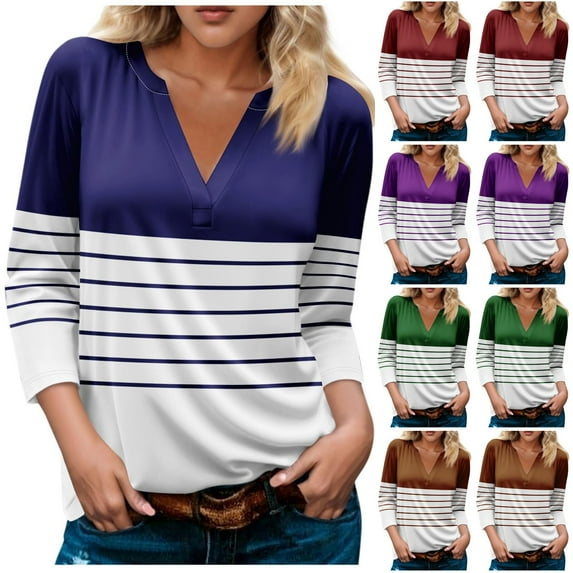 ZyeKqe Womens Tops Casual V Neck Shirts Striped Fall Top Tees Plus Size Loose Fitting Blouses