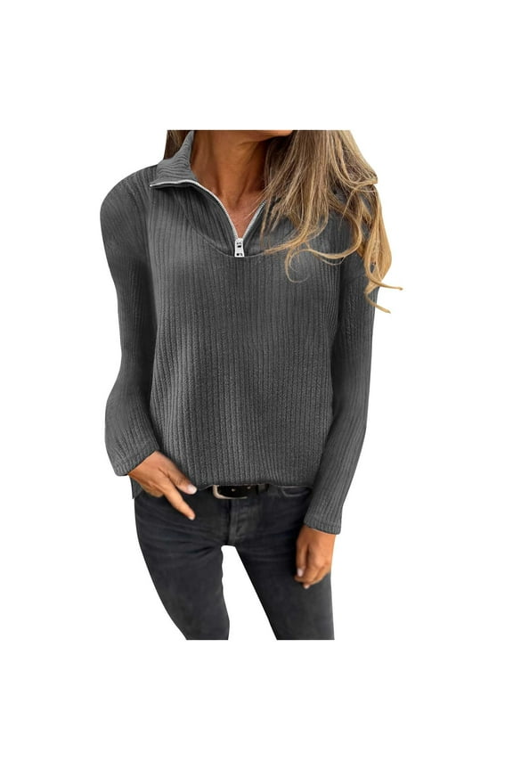 Plus Size Sweaters for Women 1/4 Zip V Neck Top Ribbed Knit Pullover Top Loose Fitting