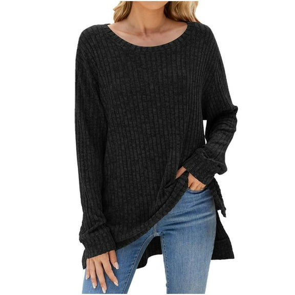 ZyeKqe Plus Size Sweaters for Women Long Sleeve Knit Top Crewneck Pullover Tops Side Split Ribbed Knit Tunic Tops Blouses