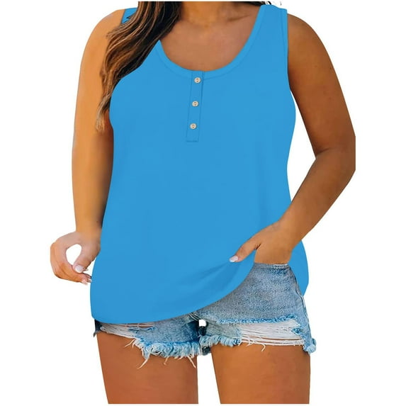 ZyeKqe Plus Size Tank Tops Womens Summer Sleeveless Casual T-Shirts Round Neck Button Plain Tunic Tops