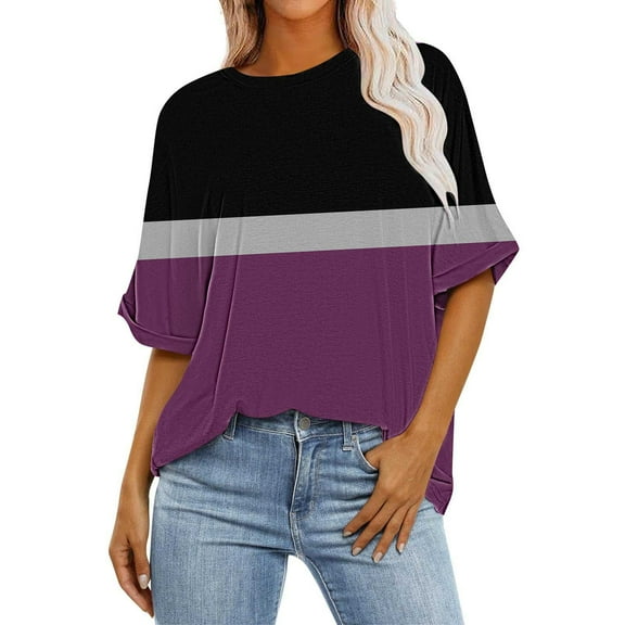 ZyeKqe Plus Size Tops for Women 1/2 Length Sleeve Crew Neck T Shirts Oversized Color Block Casual Tops