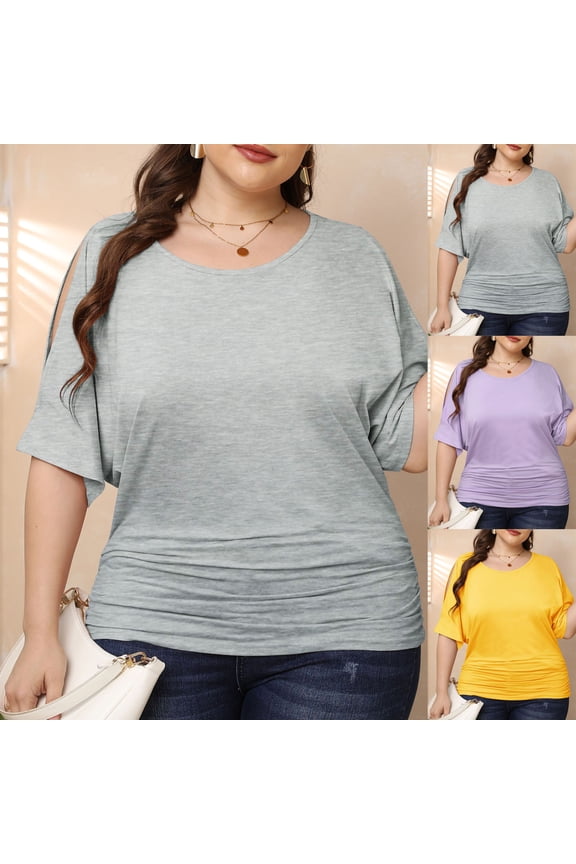 Plus Size Tops for Women Cold Shoulder Short Sleeve Shirts Crewneck Ruched Hem T Shirts Soft Blouse
