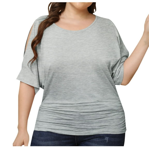 ZyeKqe Plus Size Tops for Women Cold Shoulder Short Sleeve Shirts Crewneck Ruched Hem T Shirts Soft Blouse