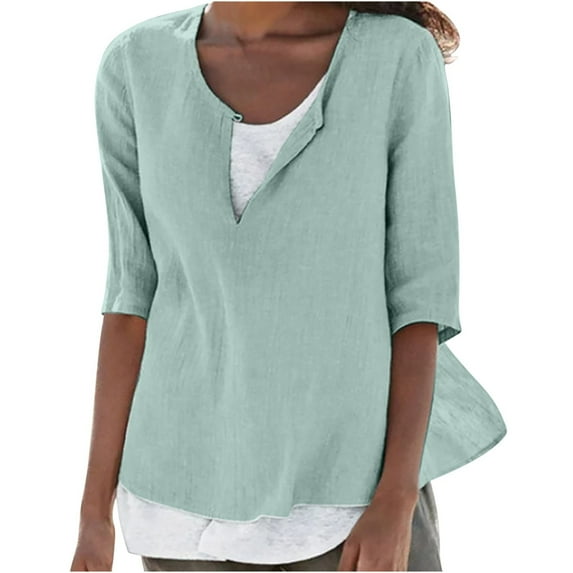 ZyeKqe Plus Size Tops for Women Cotton Linen 3/4 Length Sleeve Shirts Keyhole Crewneck Dressy Casual Blouses Loose Tunic Top