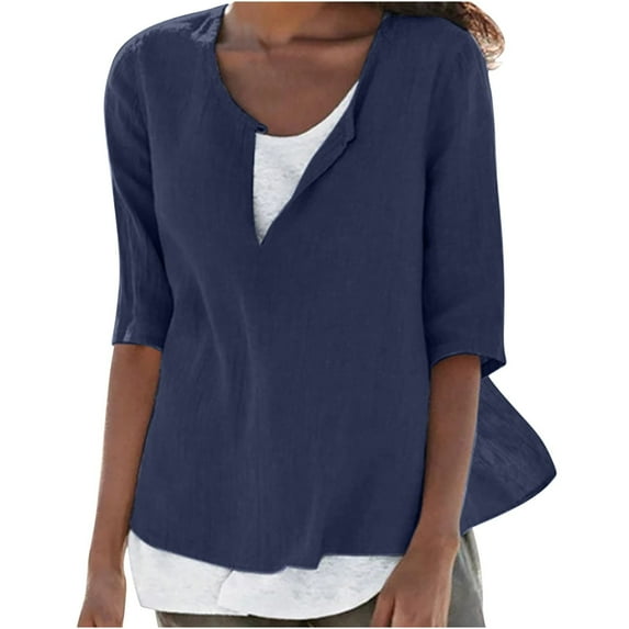 ZyeKqe Plus Size Tops for Women Cotton Linen 3/4 Length Sleeve Shirts Keyhole Crewneck Dressy Casual Blouses Loose Tunic Top