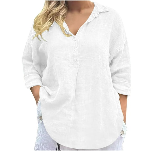 ZyeKqe Plus Size Tops for Women Cotton Linen Long Sleeve Shirts Button up V Neck Casual Loose Fitting Fall Top