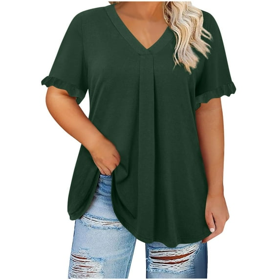 ZyeKqe Plus Size Tops for Women Dressy Casual Blouses Ruffle Short Sleeve Shirts V Neck Pleated Tunic Tops