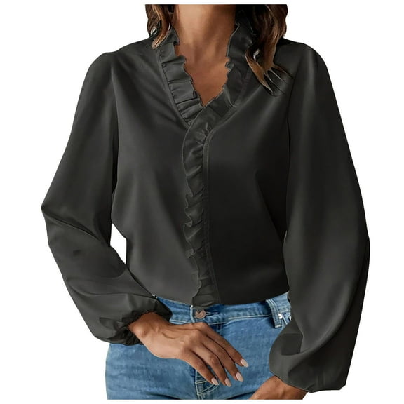 ZyeKqe Plus Size Tops for Women Long Sleeve Ruffle Top V Neck Dressy Casual Blouses Loose Fitting Top