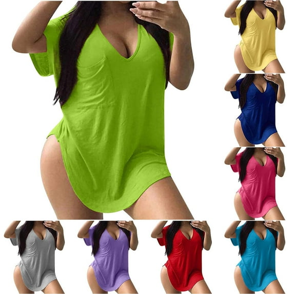 ZyeKqe Plus Size Tops for Women Oversized T Shirts Short Sleeve Shirts Deep V Neck Loose Fitted Tees Solid Color