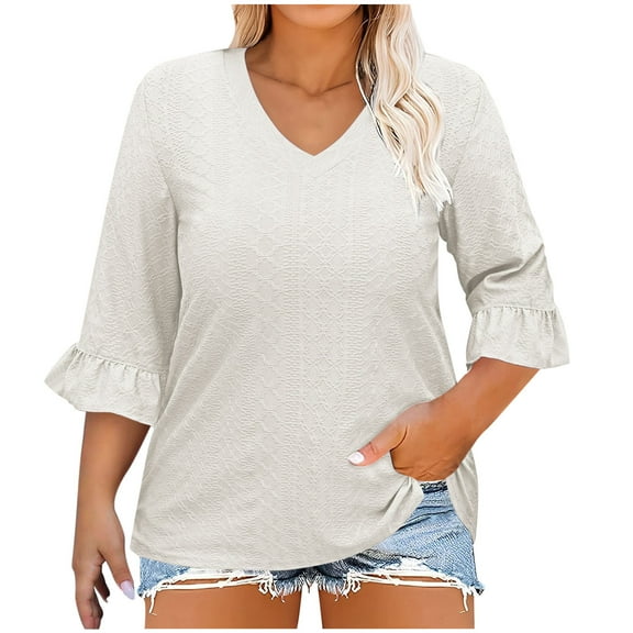 ZyeKqe Plus Size Tops for Women Ruffle 3/4 Sleeve Shirts Casual V Neck Dressy Blouses Loose Fitted Tunic or Top to Wear with Shorts