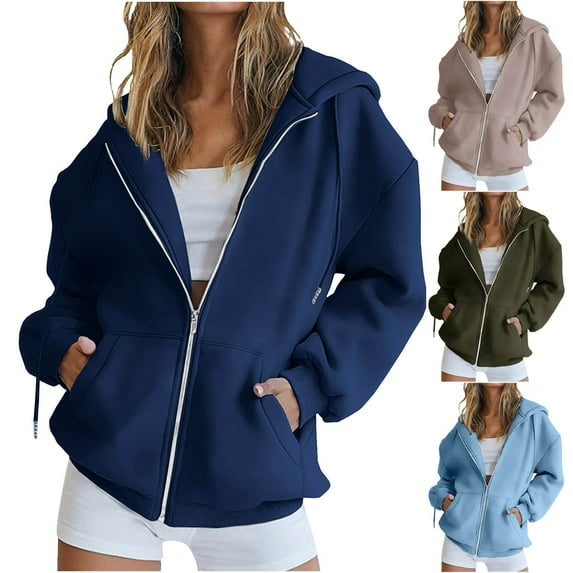 ZyeKqe Womens Hoodies Fall Cute Zipper Sweatshirts Casual Long Sleeve Solid Color Outwear Fashion Jackets with Pockets