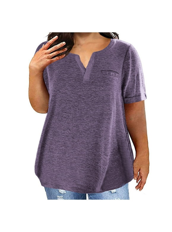 ZyeKqe Plus Size Tops for Women Short Sleeve Crewneck Shirts Solid Color T Shirts Plain Basic Tees