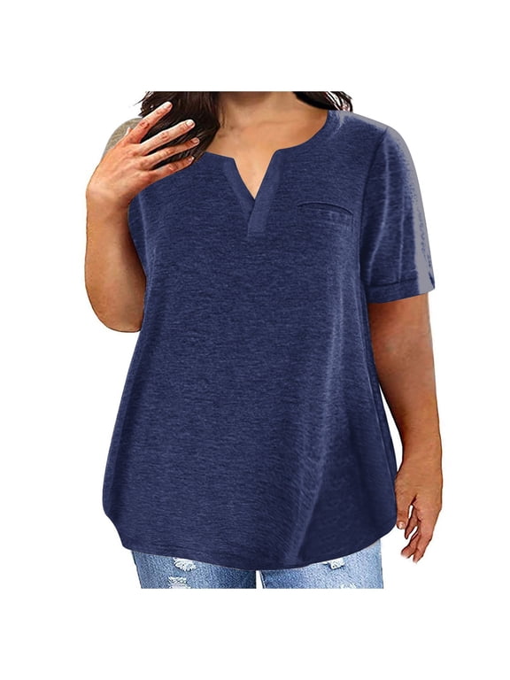 Plus Size Tops for Women Short Sleeve Crewneck Shirts Solid Color T Shirts Plain Basic Tees