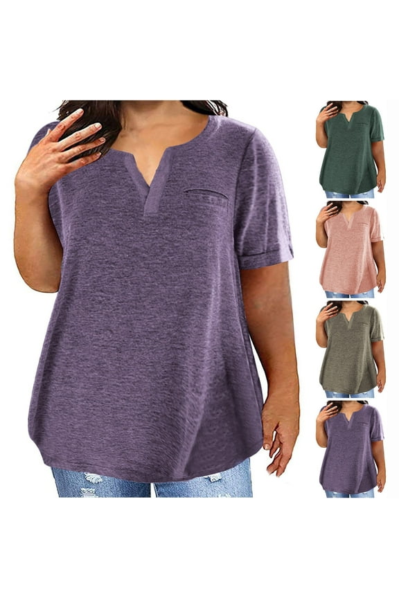 Plus Size Tops for Women Short Sleeve Crewneck Shirts Solid Color T Shirts Plain Basic Tees
