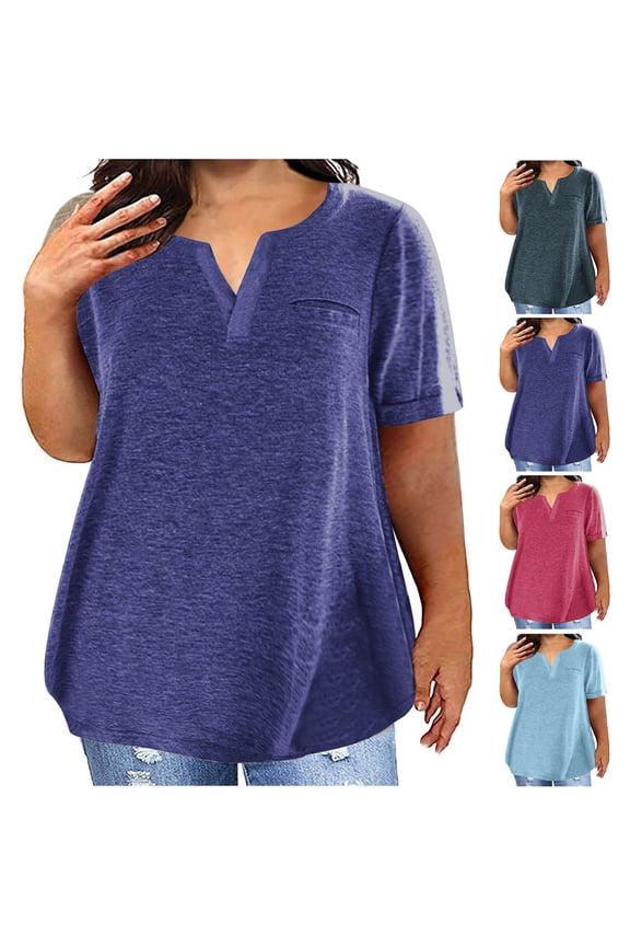 Plus Size Tops for Women Short Sleeve Crewneck Shirts Solid Color T Shirts Plain Basic Tees
