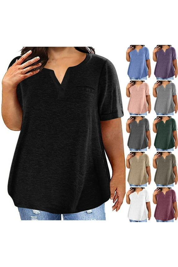 Plus Size Tops for Women Short Sleeve Crewneck Shirts Solid Color T Shirts Plain Basic Tees