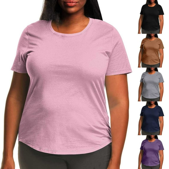 ZyeKqe Plus Size Tops for Women Short Sleeve Shirts Crewneck T Shirts Solid Color Blouses Loose Fitted Tees Top