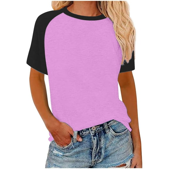ZyeKqe Plus Size Tops for Women Short Sleeve Shirts Round Neck T Shirts Color Block Tees Top Blouses