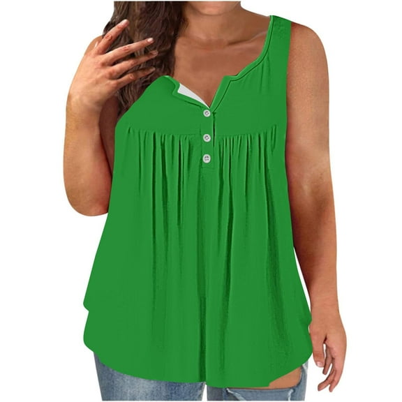 ZyeKqe Plus Size Tops for Women Sleeveless Shirts Button up V Neck Dressy Casual Blouses Pleated Tunic or Tops to Wear with Leggings