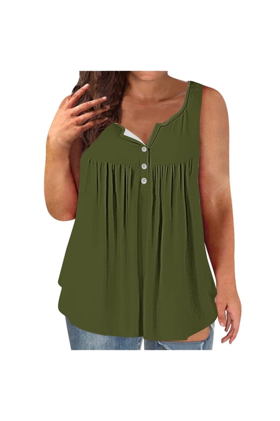 Plus Size Tops for Women Sleeveless Shirts Button up V Neck Dressy Casual Blouses Pleated Tunic or Tops to Wear with Leggings