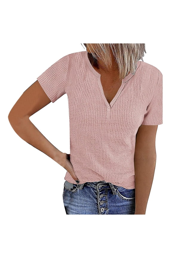 Plus Size Tops for Women Summer Robbed Knit Basic T Shirts Notched Neck Short Sleeve Going out Tops