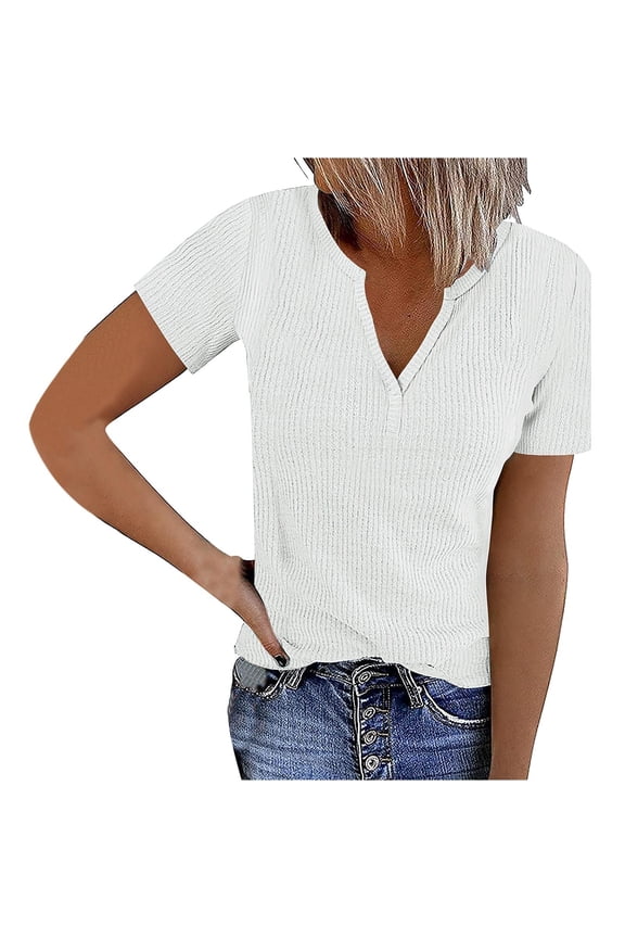 Plus Size Tops for Women Summer Robbed Knit Basic T Shirts Notched Neck Short Sleeve Going out Tops