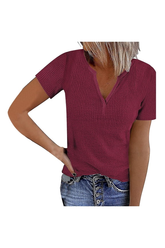 Plus Size Tops for Women Summer Robbed Knit Basic T Shirts Notched Neck Short Sleeve Going out Tops