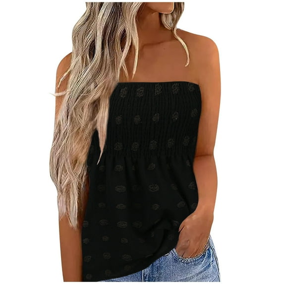 ZyeKqe Plus Size Tube Tops for Women Strapless Smocked Dotted Tanks Backless Sleeveless Shirts Babydoll Summer Top