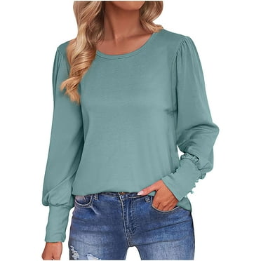 ZyeKqe Puff Long Sleeve Tops for Women Round Neck Work Shirts Business Casual Top Loose Fitted Office Blouses