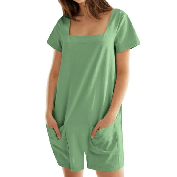 ZyeKqe Rompers for Women Short Sleeve 1 Piece Jumpsuits Square Neck Shorts Overalls with Pockets