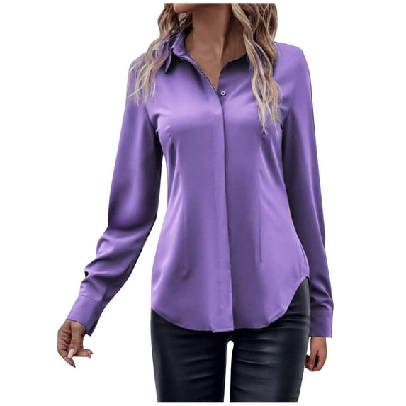 ZyeKqe Satin Shirts for Women Long Sleeve Work Shirts Button down Lapel Business Casual Top Loose Fitted Office Blouses