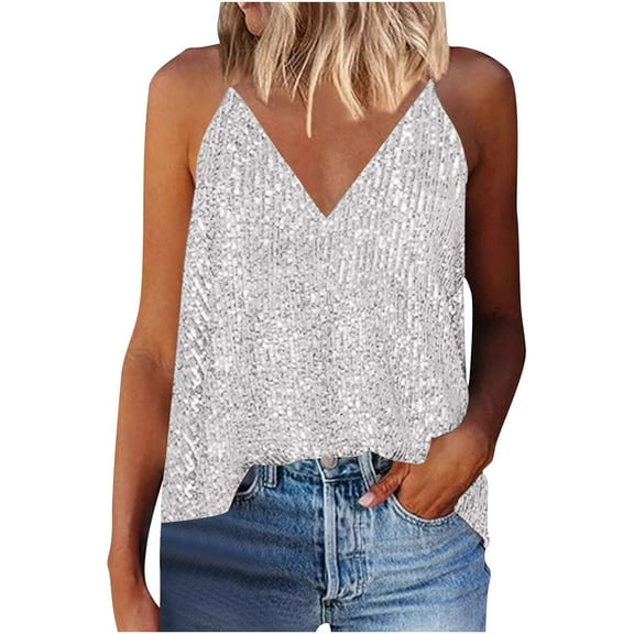 ZyeKqe Sequin Camisole Tops for Women Spaghetti Strap Sleeveless Shirts Deep V Neck Sparkly Glitter Party Top