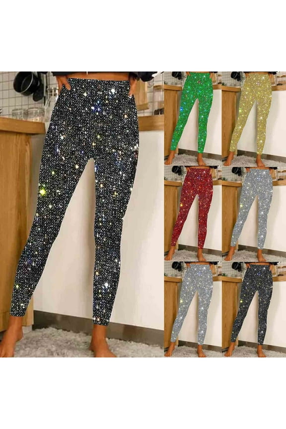 Leggings for Women High Waisted Sequin Yoga Pants Ankle Length Sparkly Glitter Party Tights
