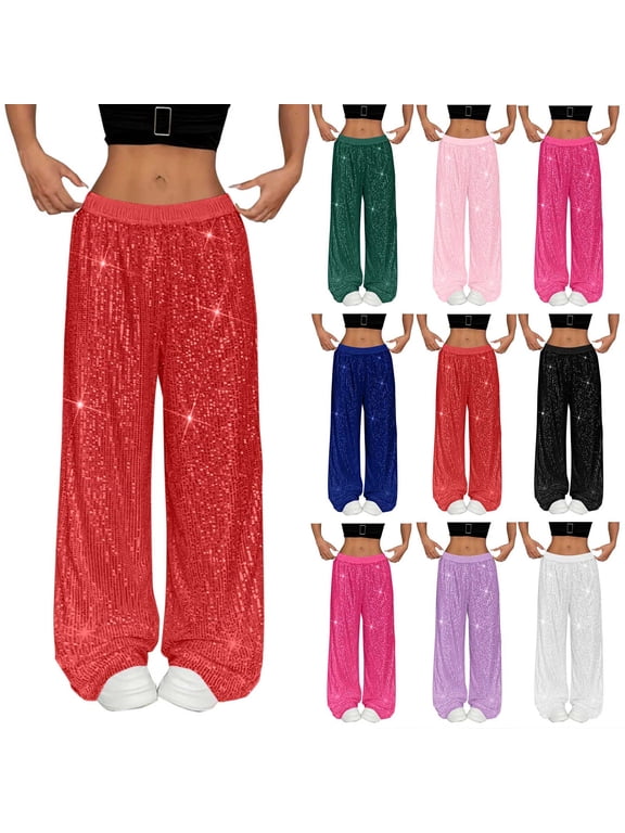 Sequin Pants for Women Wide Leg Elastic Waist Glitter Sparkly Dance Pants Party Nightout Clubwear Palazzo Trousers