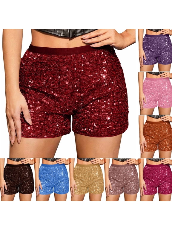 Sequin Shorts for Women High Waisted Sparkly Glitter Shorts Straight Wide Leg Party Shorts