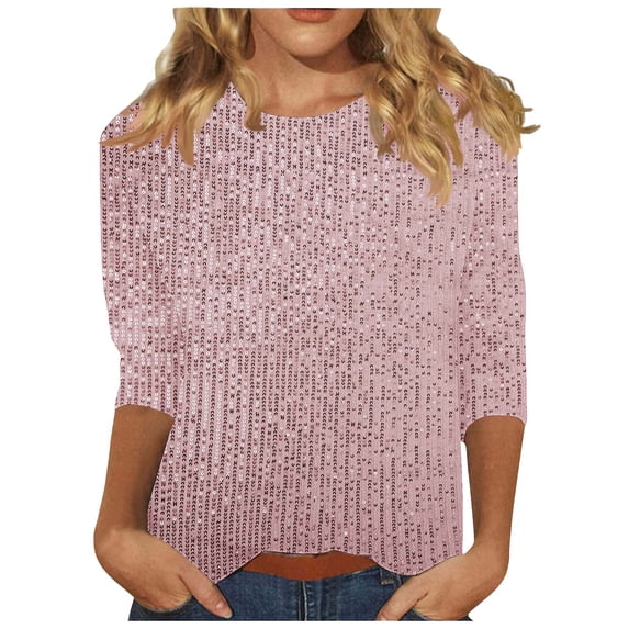 ZyeKqe Sequin Tops for Women 3/4 Length Sleeve Tops Round Neck Dressy Casual Blouses Sparkly Glitter Party Top